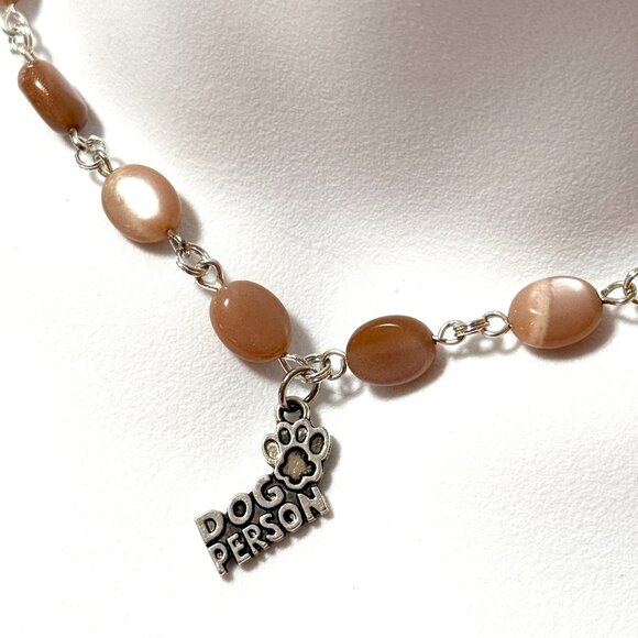 Peach Moonstone Adjustable Choker, Dog Person Paw Print Pendant+Genuine Gemstone - Picture 1 of 15